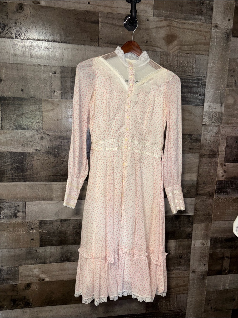 VTG Gunne Sax Pale Pink Floral Lace-Trim Long Sleeve Prairie Dress